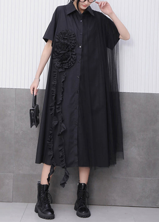 Black Button Long Dress Peter Pan Collar Summer