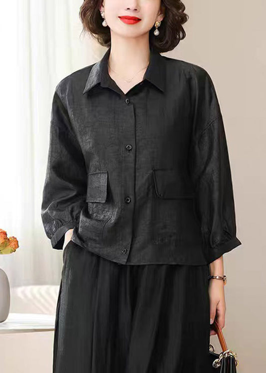 Black Button Soild Silk Coat Spring