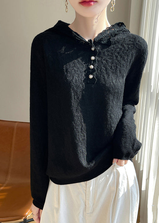 Black Button Woolen Knit Fall Sweaters Hooded