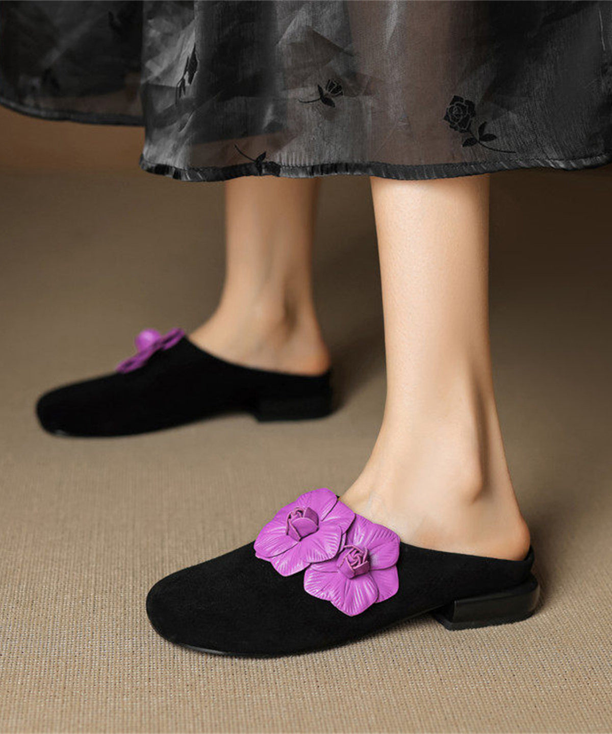 Black Chic Suede Splicing Slide Sandals Floral
