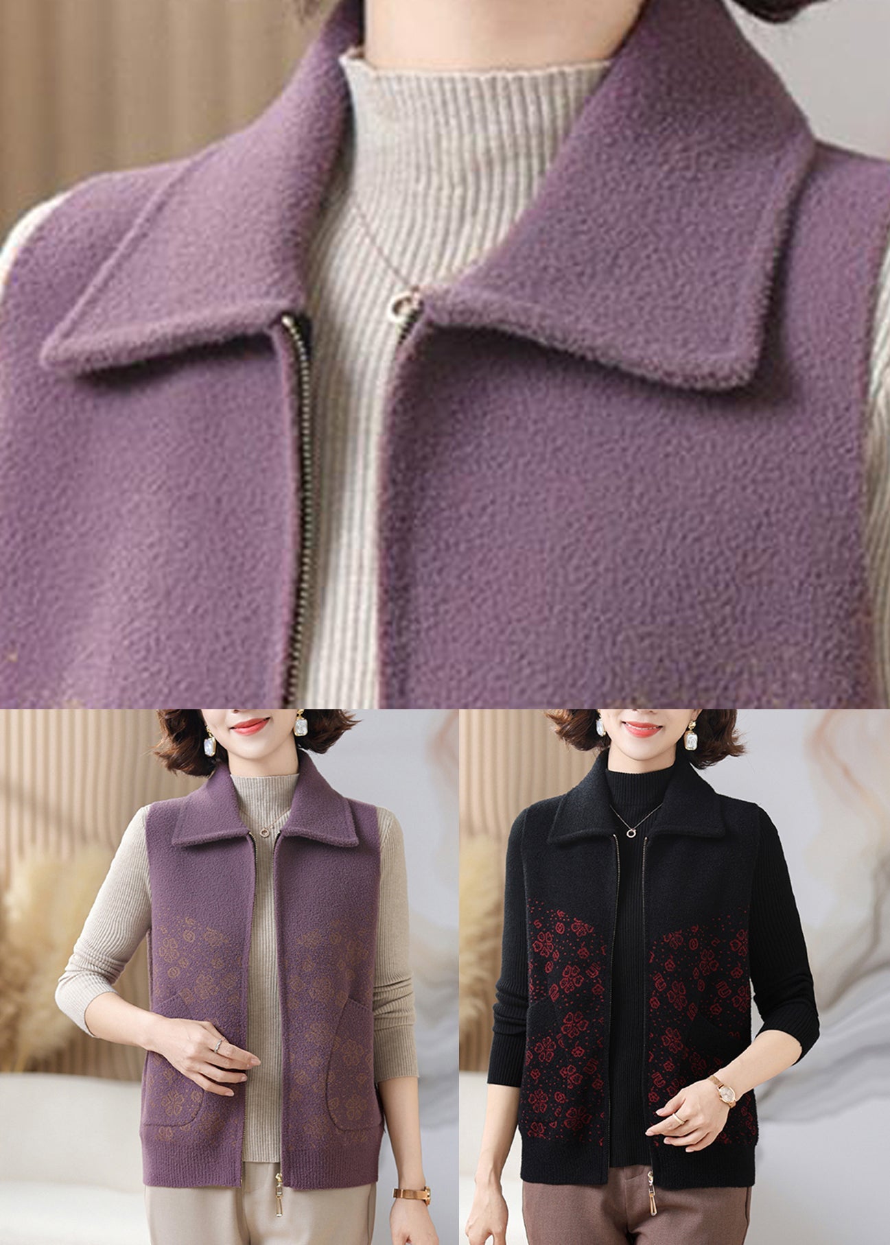 Black Coat Peter Pan Collar Zippered Knit Waistcoat Fall