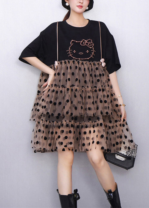 Black Cool Hello Kitty Polka Tulle Patchwork Summer Mid Dress Ruffled