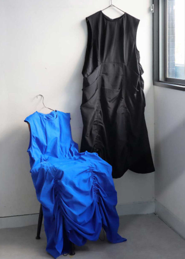 Black Cotton Robe Dresses Drawstring Wrinkled Sleeveless
