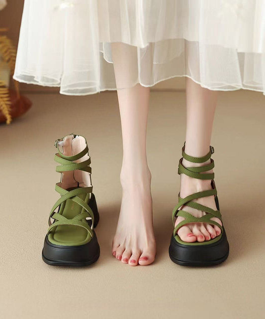 Black Cowhide Leather Splicing Platform Lace Up Sandals Peep Toe