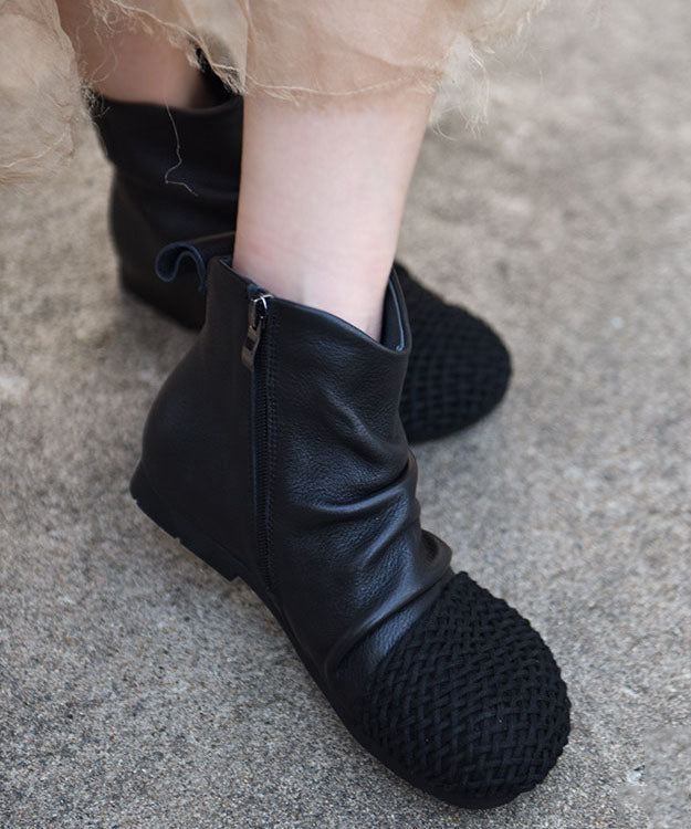 Black Cowhide Leather Vintage Zippered Splicing Boots