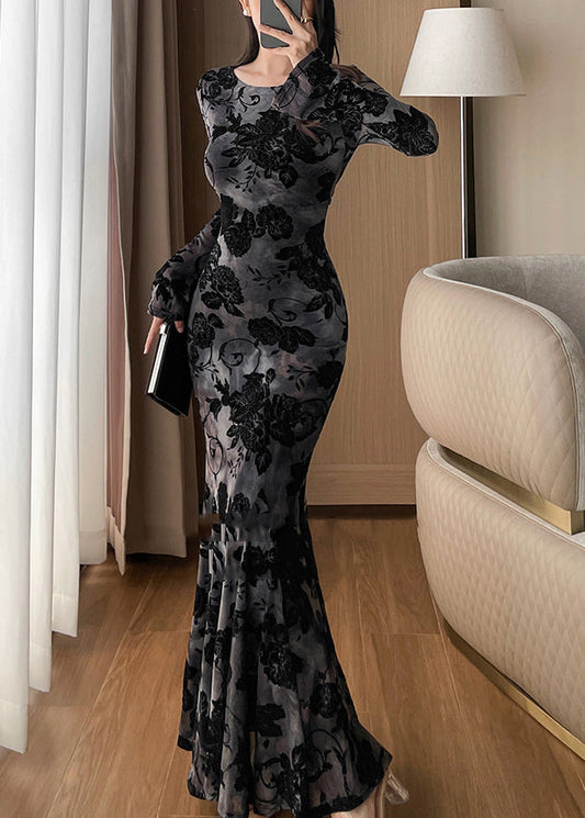 Black Flattering Maxi Fishtail Dress Flare Sleeve