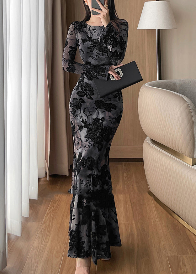 Black Flattering Maxi Fishtail Dress Flare Sleeve