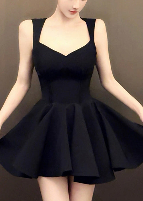 Black High Waist Solid Pleated Dress V Neck Summer