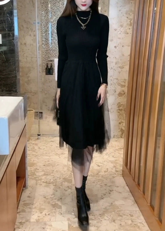 Black High Waist Tulle Patchwork Knit Long Sweater O Neck Winter