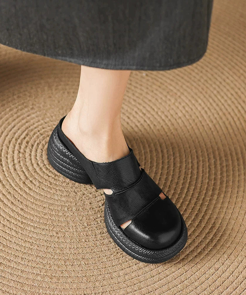 Black Hollow Out Splicing Cowhide Leather Chunky Heel Slide Sandals