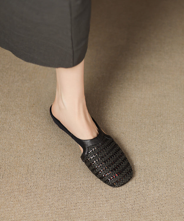 Black Hollow Out Splicing Faux Leather Slide Sandals