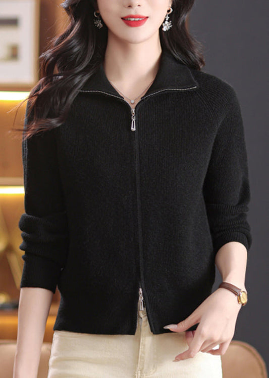 Black Knit Cardigans Peter Pan Collar Zippered Fall