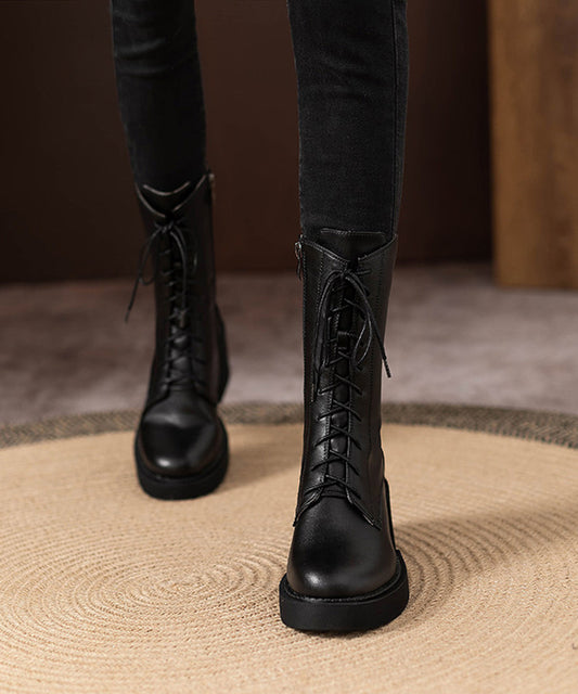 Black Lace Up Platform Cowhide Leather Chunky Mid Calf Boots