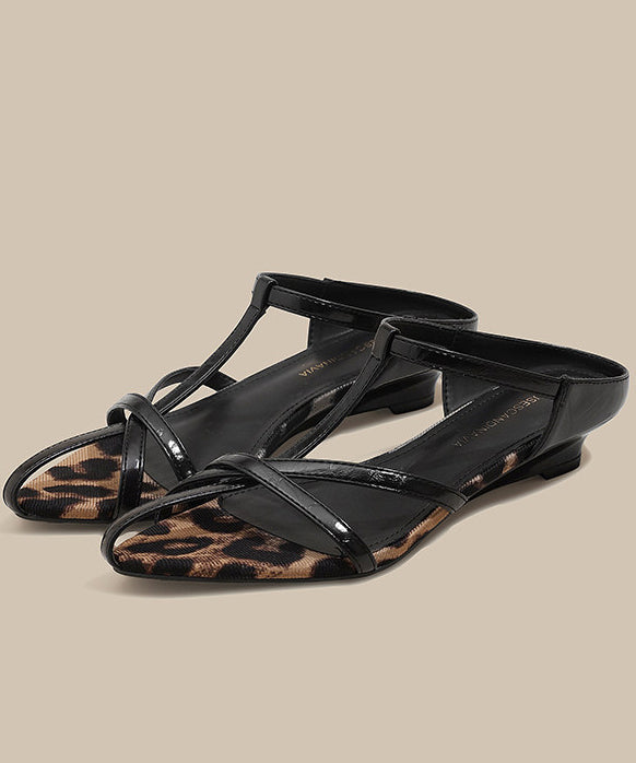 Black Leopard Chunky Sheepskin Art Thong Sandals