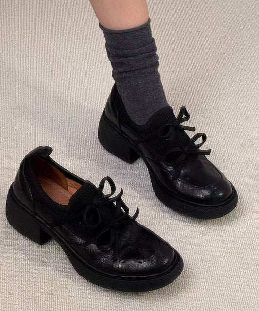 Black Loafer Shoes Faux Leather Comfy Splicing Bow Loafer Shoes