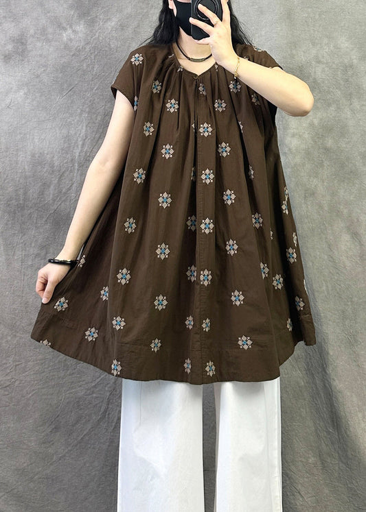 Black Loose Cotton Shirt Top O Neck Embroidered Summer