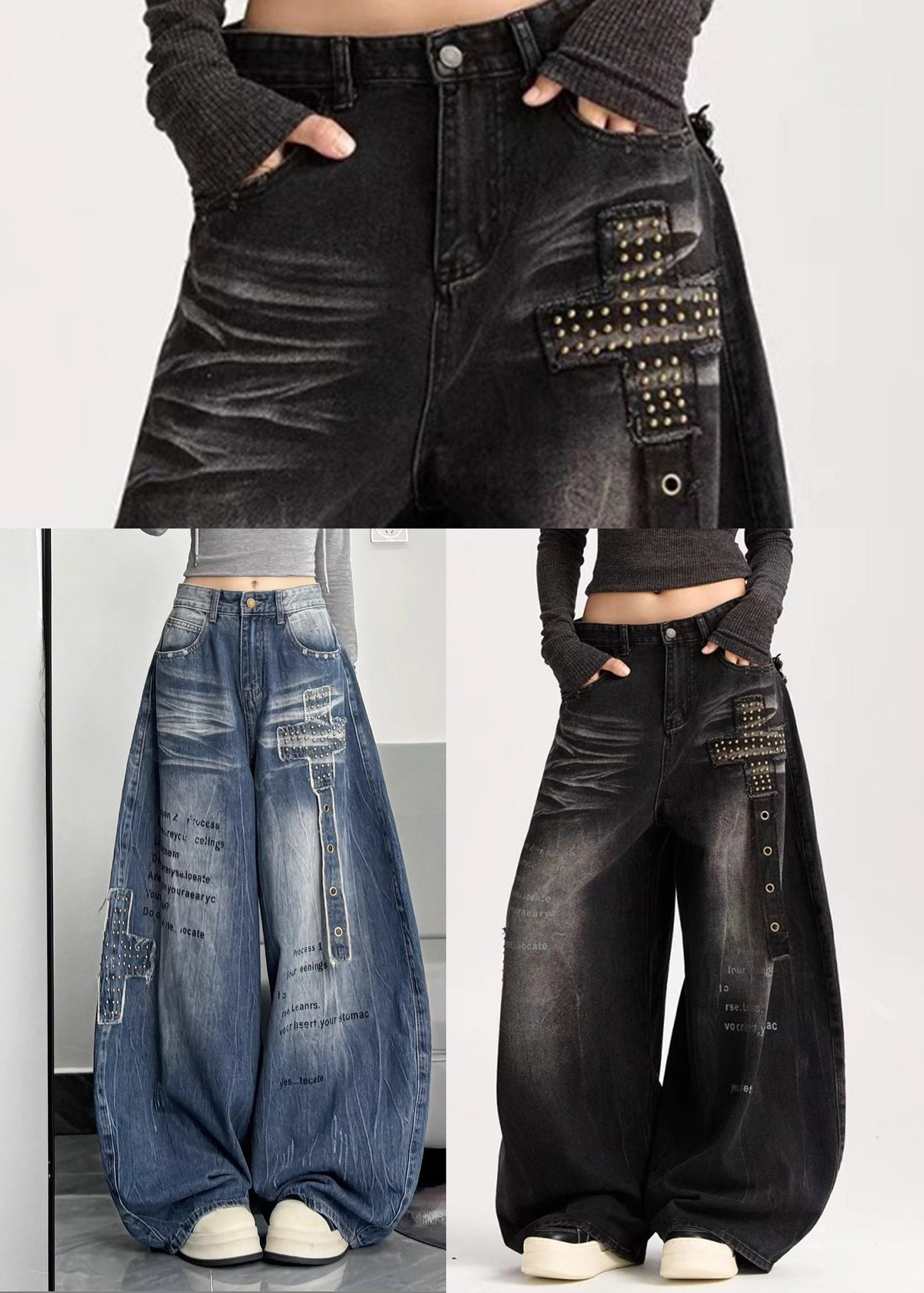 Black Loose Warm Fleece Denim Wide Leg Pants Letter Rivet Winter
