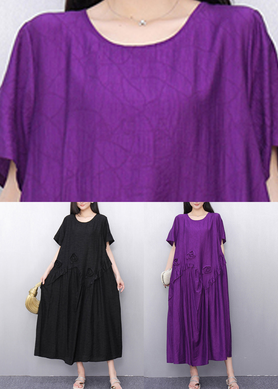 Black O-Neck Solid Long Dress Short Sleeve