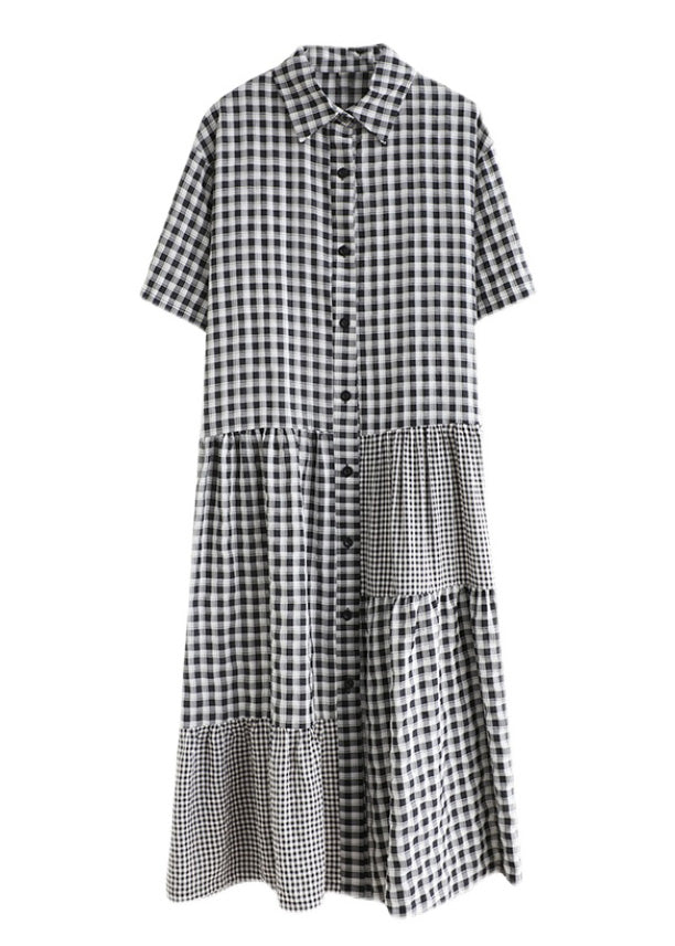 Black Patchwork Button Vacation Long Dresses Short Sleeve