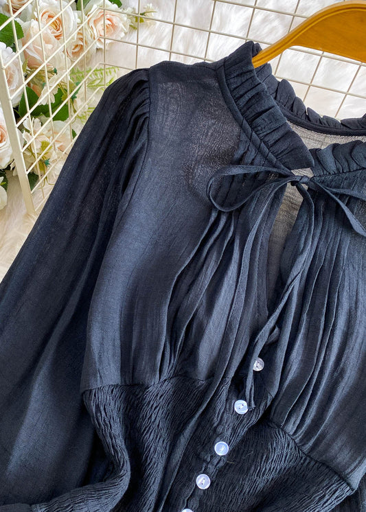Black Patchwork Cotton Blouse Top Ruffled Wrinkled Summer