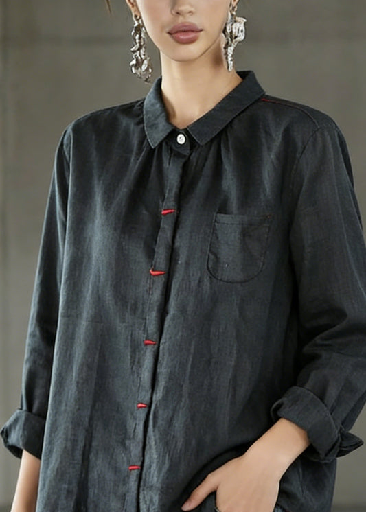 Black Patchwork Linen Shirt Peter Pan Collar Embroideried Spring