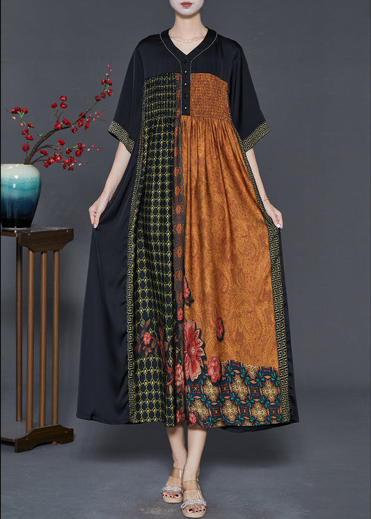 Black Patchwork Silk Maxi Dresses Oversized Print Summer