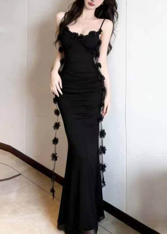 Black Patchwork Tassel Maxi Spaghetti Strap Dress Sleeveless
