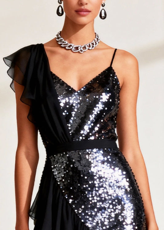 Black Patchwork Tulle Vestidos Dresses Sequins Asymmetrical Design Summer