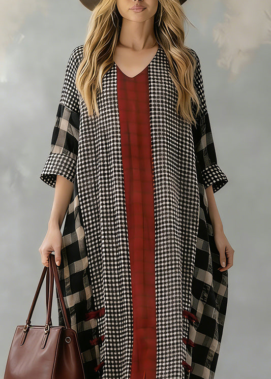 Black Plaid Autumn Loose Fitting V Neck Patchwork Traveling Clothing Vintage