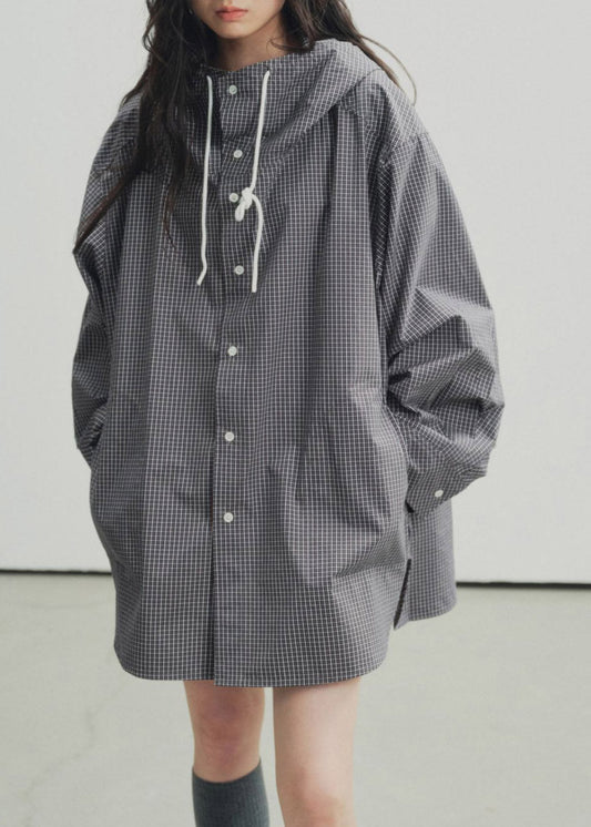 Black Plaid Low High Design Hooded Shirts Spring