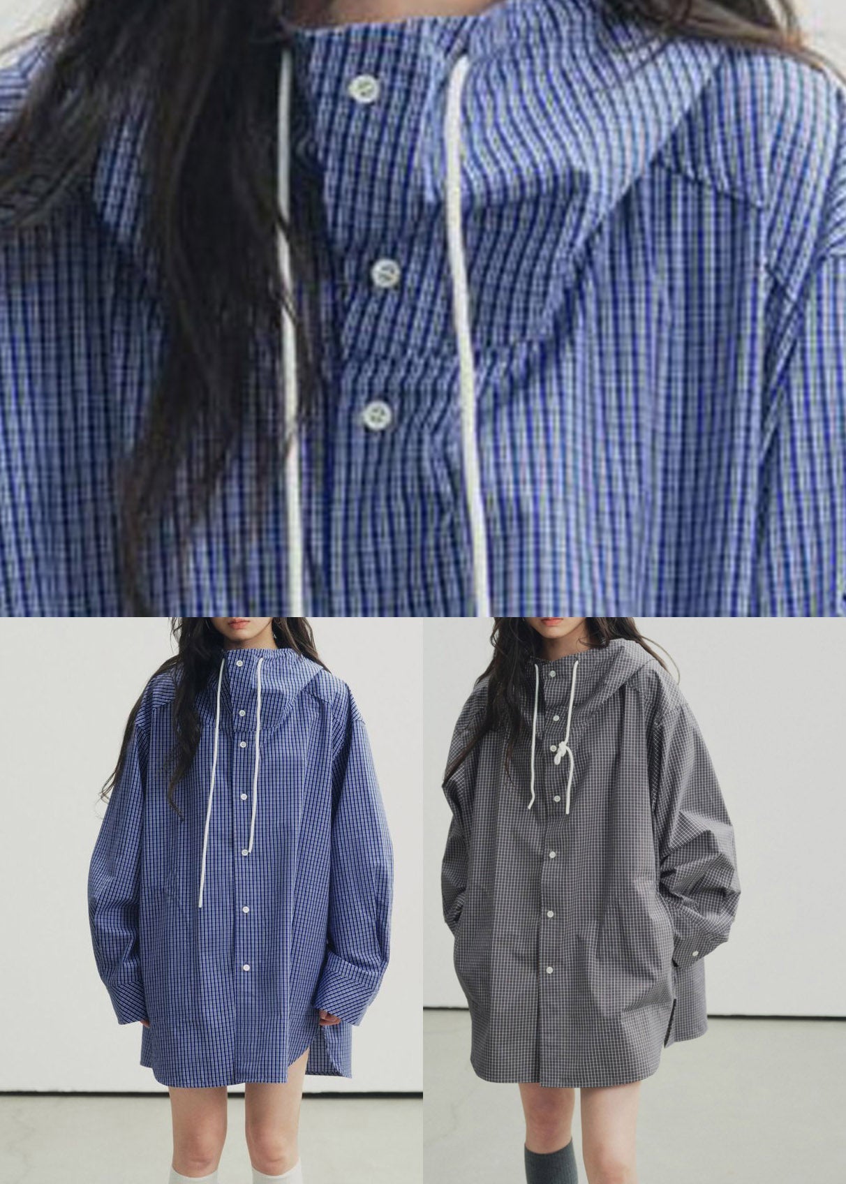 Black Plaid Low High Design Hooded Shirts Spring