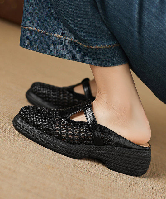 Black Platform Sheepskin Elegant Splicing Slide Sandals Hollow Out