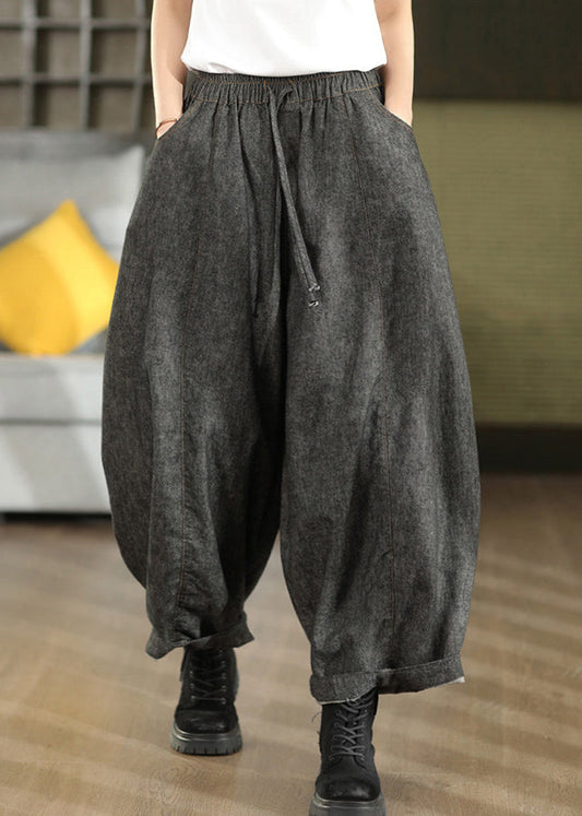 Black Pockets Casual Cotton Lantern Pants Elastic Waist Fall