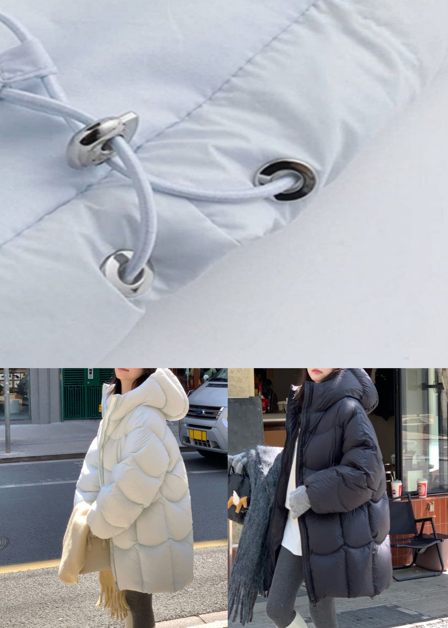 Black Pockets Drawstring Duck Down Winter Puffer Coat Hooded