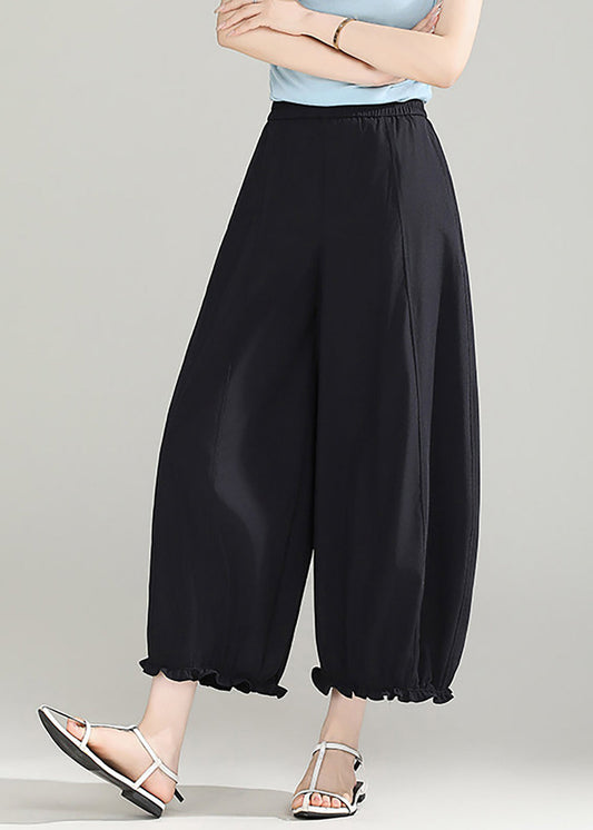 Black Pockets High Waist Lantern Crop Pants Ruffled Summer
