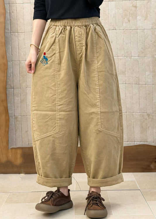 Black Pockets Patchwork Corduroy Pants Embroidered Elastic Waist Fall