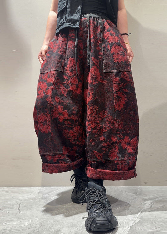 Black Pockets Patchwork Loose Denim Harem Pants Jacquard Fall