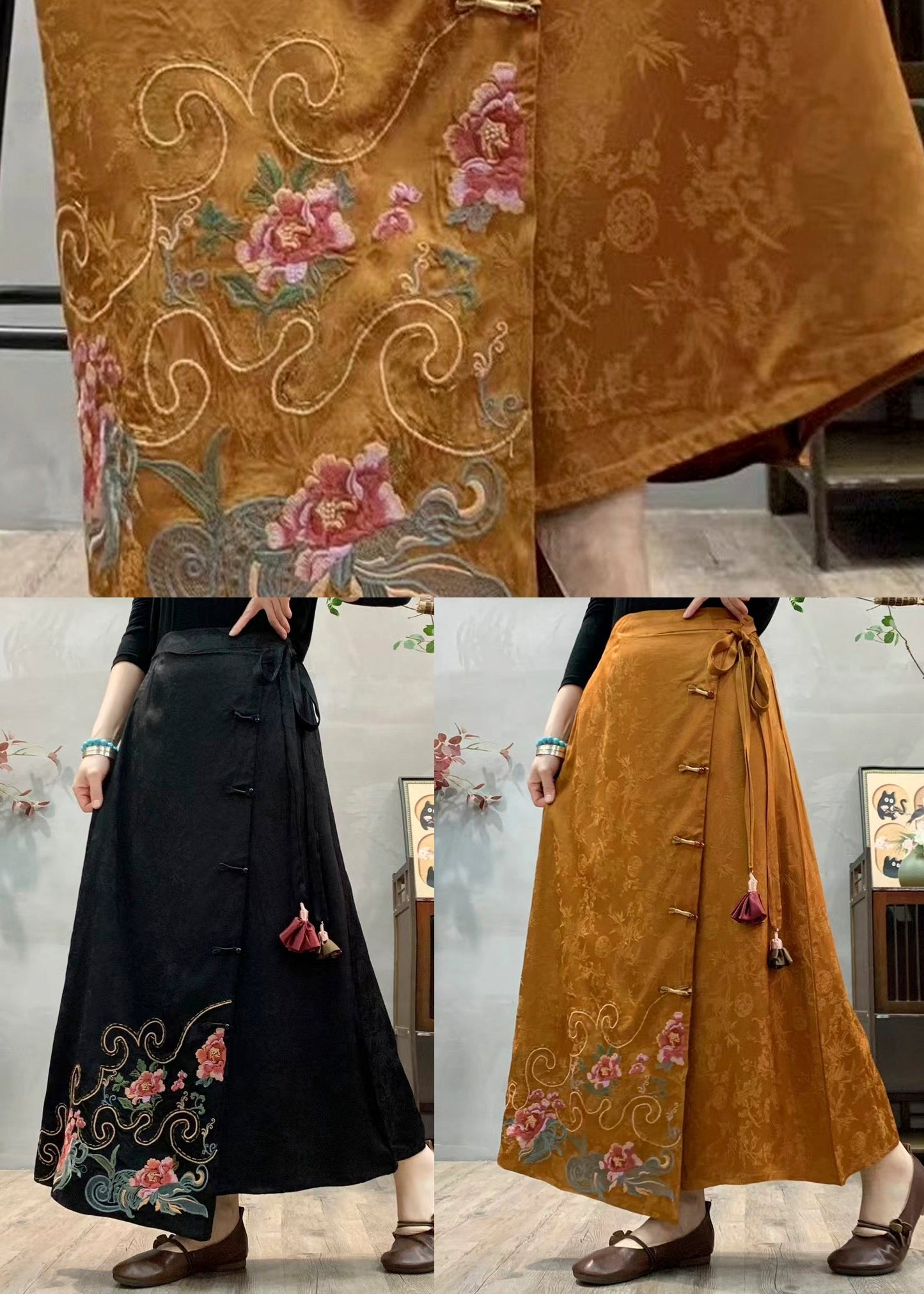 Black Pockets Silk Skirt Embroidered Oriental Button Fall
