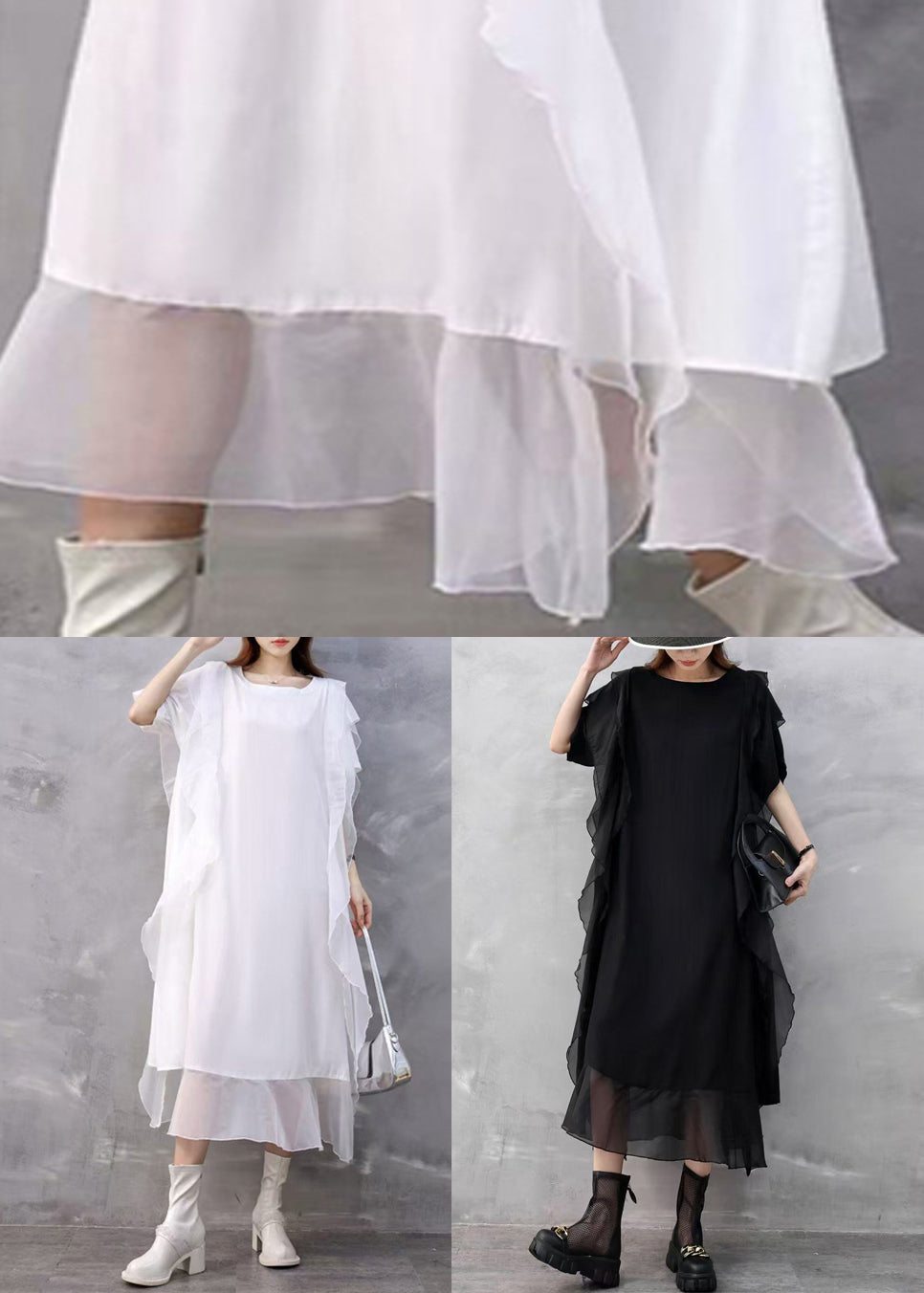 Black Pockets Solid Chiffon Summer Dresses O Neck
