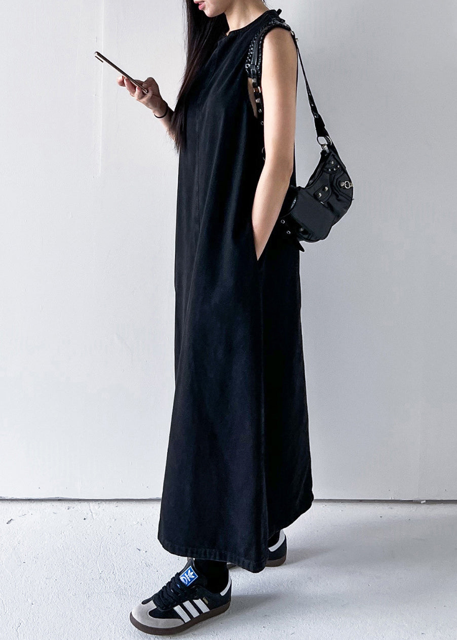 Black Pockets Solid Long Dress O Neck Denim Summer