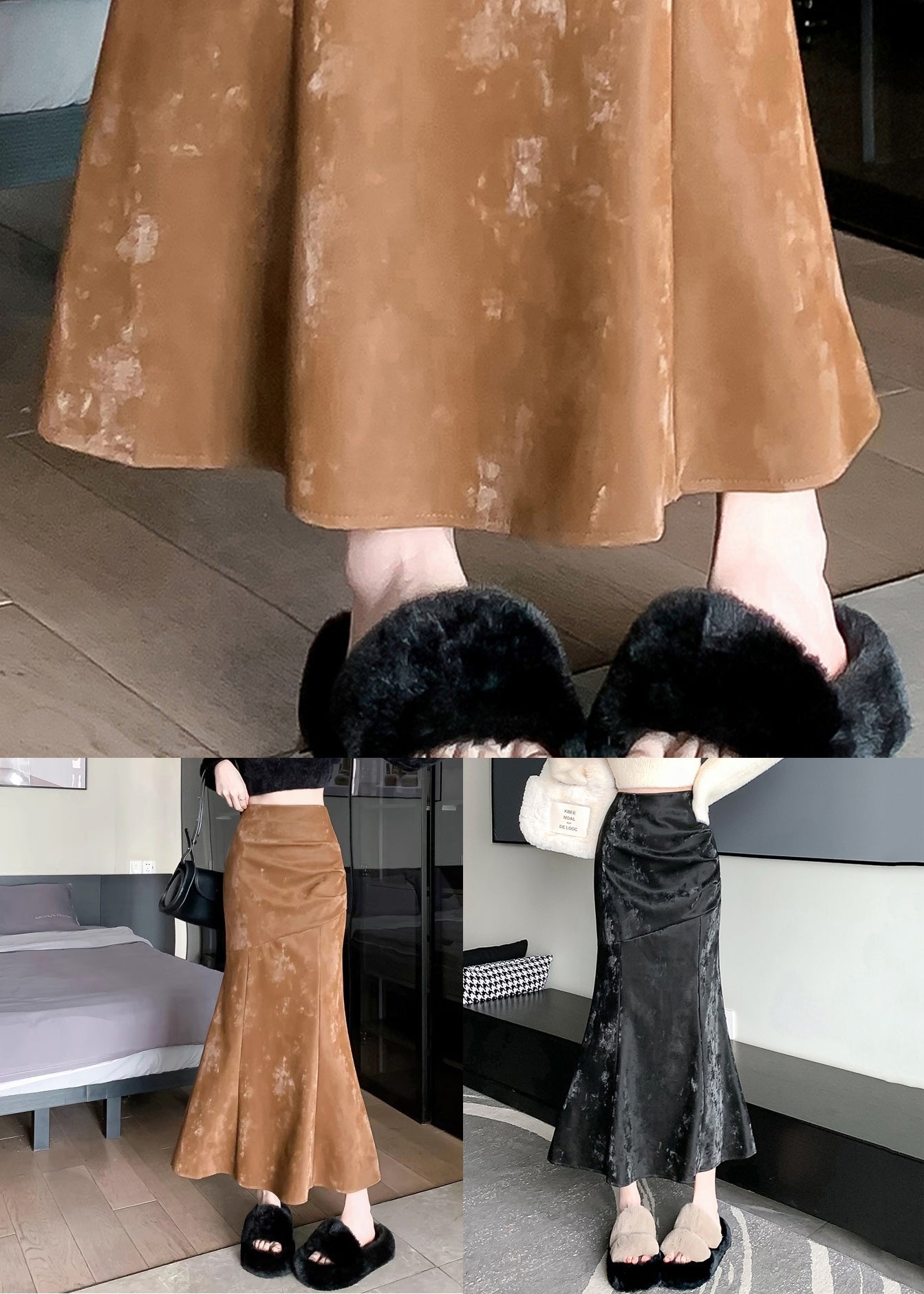 Black Print Wrinkled Silk Velvet Mermaid Skirt Zip Up