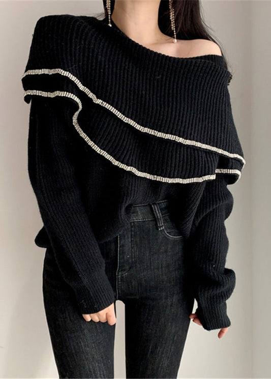 Black Ruffled Patchwork Knit Winter Sweaters O Neck