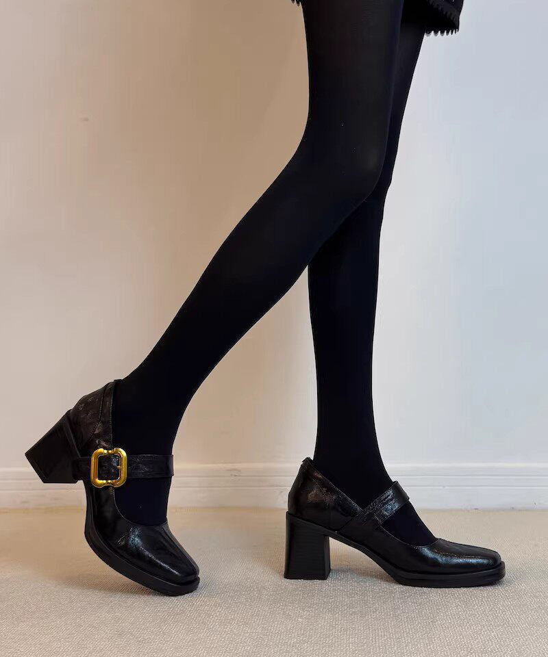 Black Sheepskin Buckle Strap Splicing Elegant Chunky High Heels