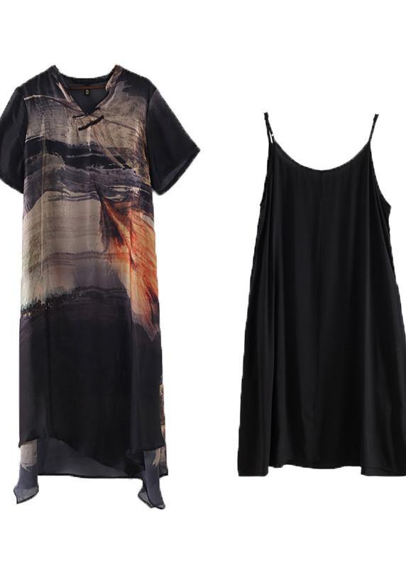 Black Silk Vintage Large Irregular Print Dress - SooLinen