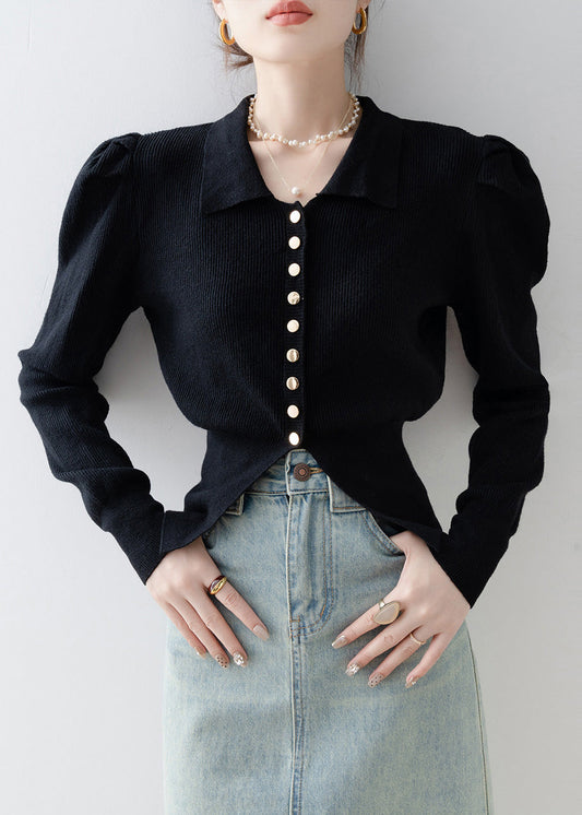 Black Silm Fit Knit Cardigan Side Open Puff Sleeve