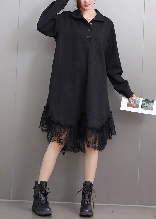 Black Stand Collar Button Maxi Dresses Puff Sleeve