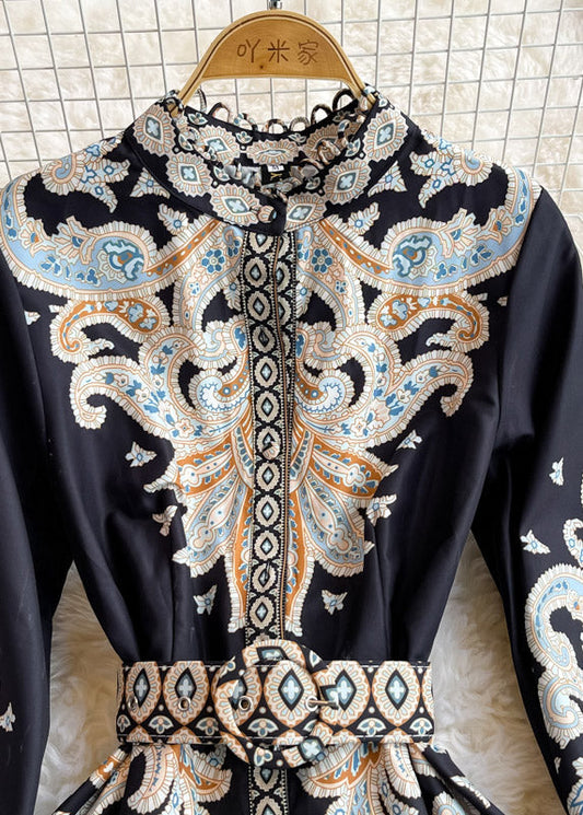 Black Stand Collar Sashes Button Long Dresses Puff Sleeve