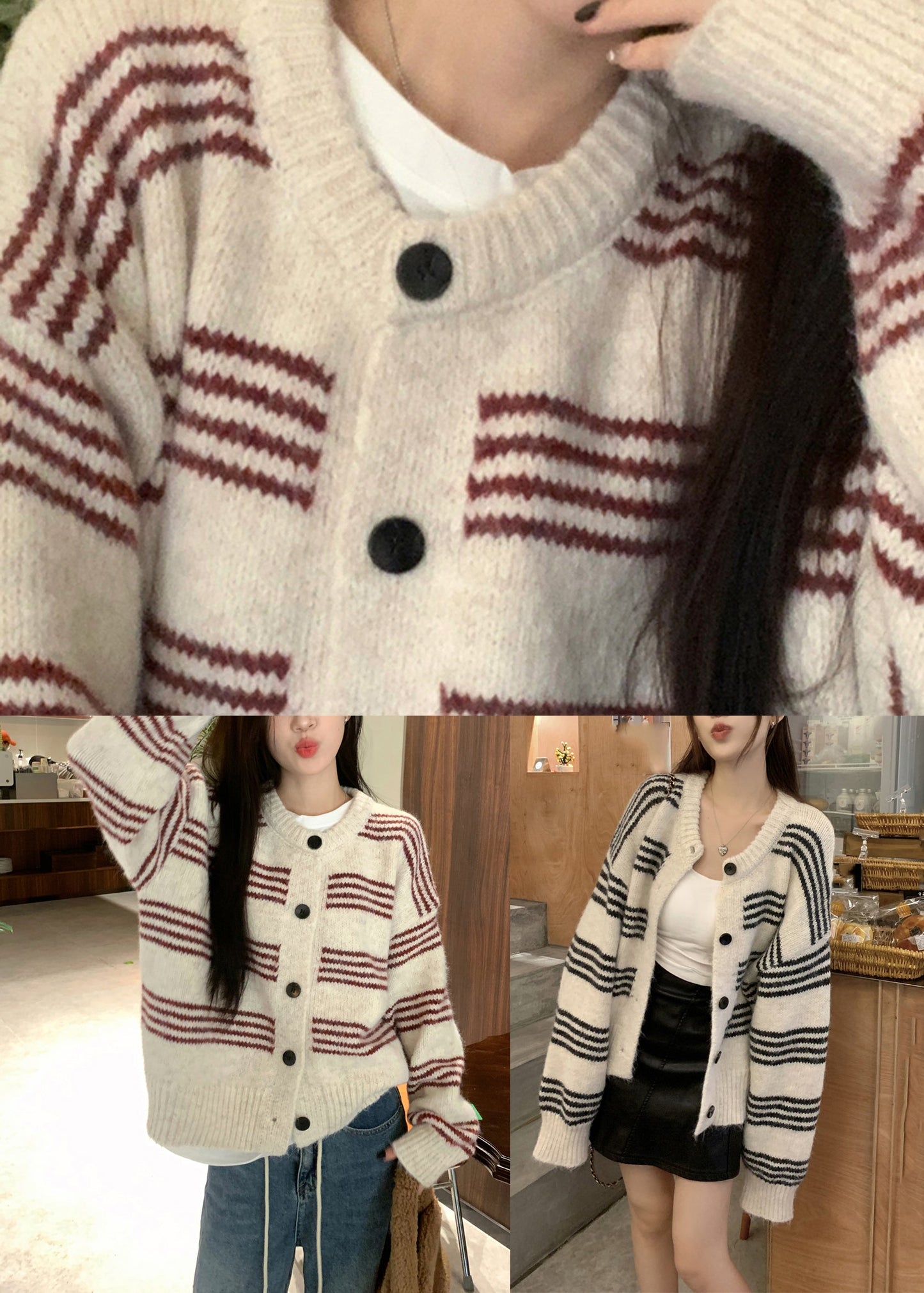 Black Striped Button Cotton Knit Cardigan Spring
