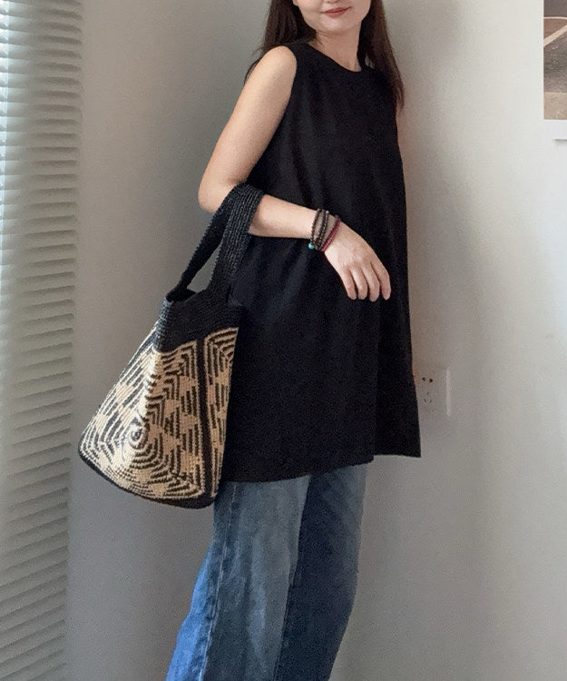Black Striped Woven Casual Versatile Shoulder Bag