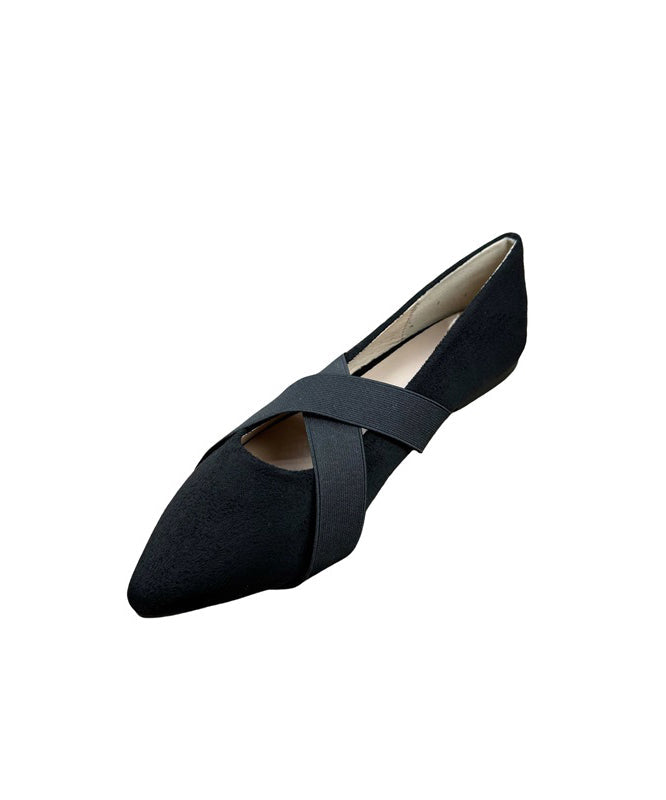 Black Suede Flat Shoes For Women Splicing Cross Strap Pointed Toe